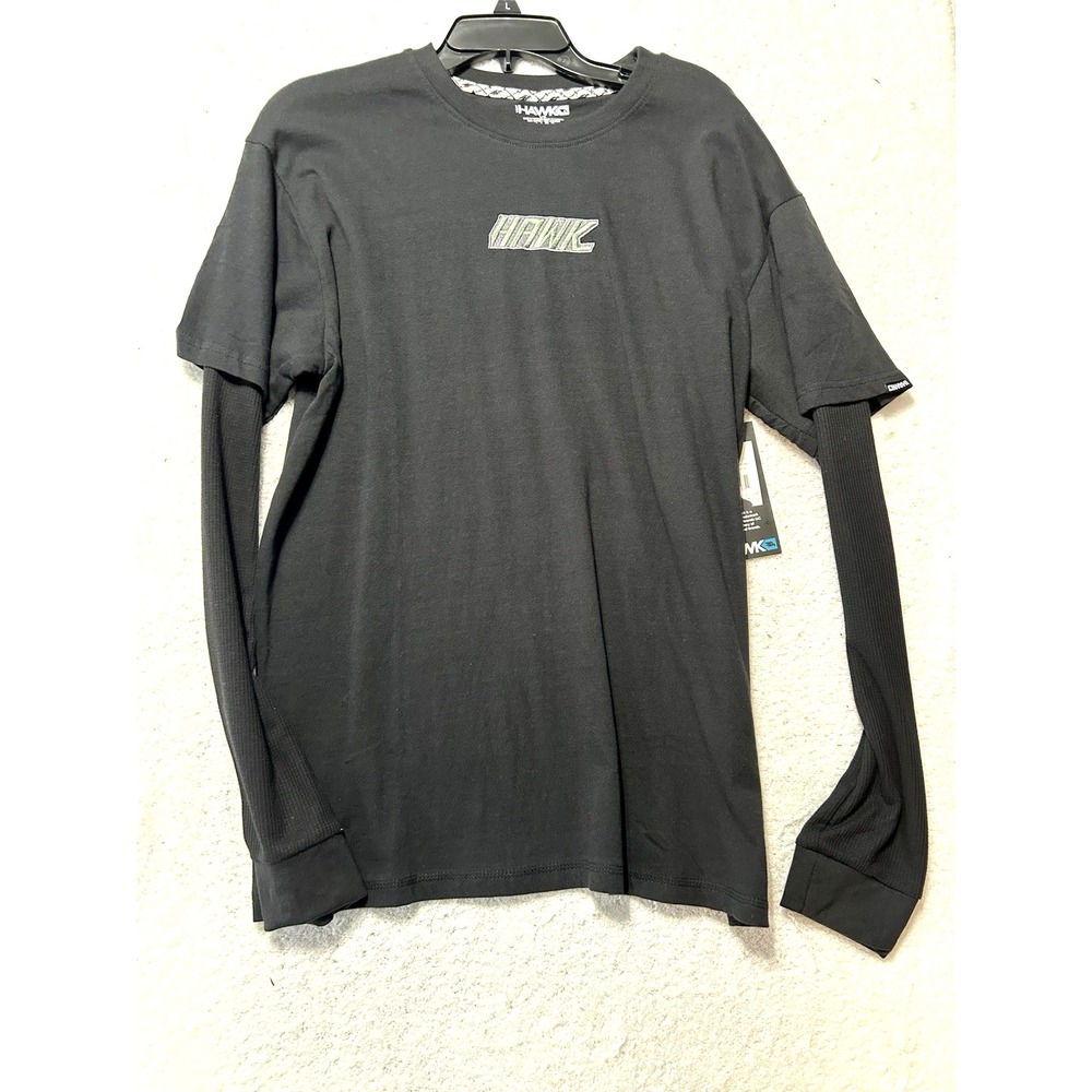 Tony Hawk Men's Large Drop Down Layered Long Sleeve Black Graphic Tee (B2)